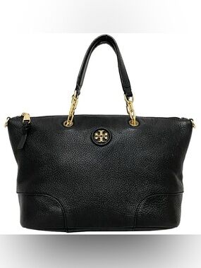 Tory Burch Black Pebbled Leather Tote with Gold Logo